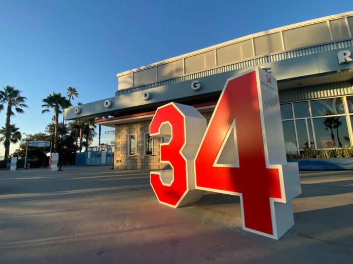 PHOTO: Provided by Mark Langill/Los Angeles Dodgers | Fernando Valenzuela’s uniform number 34 was retired by the Dodgers in 2023