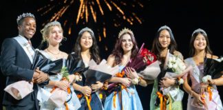 The 2025 SPHS Homecoming Court was honored on Friday, October 17 at the Homecoming Football Game. Left to right: Liam Painter (9th grade), Clare Vitt (11th Grade), Lizzie Chung (12th grade), Leila Wahbe (12th grade - Most Royal Tiger), Belle Huang (12th grade) and Kayla Yau (10th grade). (Photo Courtesy of Emiko Essmiller)