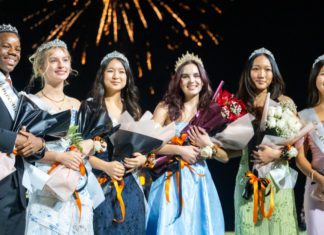 The 2025 SPHS Homecoming Court was honored on Friday, October 17 at the Homecoming Football Game. Left to right: Liam Painter (9th grade), Clare Vitt (11th Grade), Lizzie Chung (12th grade), Leila Wahbe (12th grade - Most Royal Tiger), Belle Huang (12th grade) and Kayla Yau (10th grade). (Photo Courtesy of Emiko Essmiller)