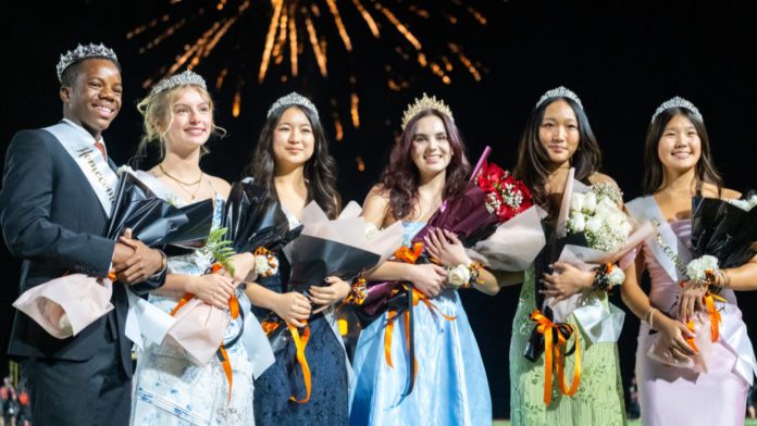 The 2025 SPHS Homecoming Court was honored on Friday, October 17 at the Homecoming Football Game. Left to right: Liam Painter (9th grade), Clare Vitt (11th Grade), Lizzie Chung (12th grade), Leila Wahbe (12th grade - Most Royal Tiger), Belle Huang (12th grade) and Kayla Yau (10th grade). (Photo Courtesy of Emiko Essmiller)