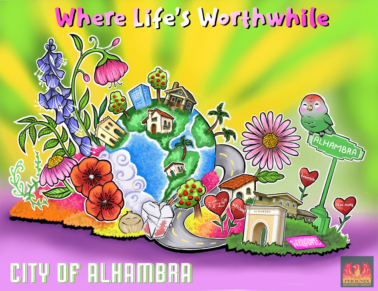 | The South Pasadenan | South Pasadena News GRAPHIC: Phoenix Decorating Company | The South Pasadenan | City of Alhambra - “Where Life’s Worthwhile” Float builder: Phoenix Decorating Company