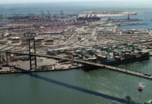San Pedro’s Vincent Thomas Bridge to Close Nov. 7 for 16-Month Deck Replacement PHOTO: U.S. Coast Guard photo by PA3 Louis Hebert, March 17, 2003 | The South Pasadenan | An archival aerial view shows the Vincent Thomas Bridge and the Port of Los Angeles.