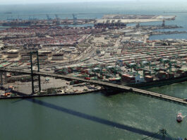 PHOTO: U.S. Coast Guard photo by PA3 Louis Hebert, March 17, 2003 | The South Pasadenan | An archival aerial view shows the Vincent Thomas Bridge and the Port of Los Angeles.