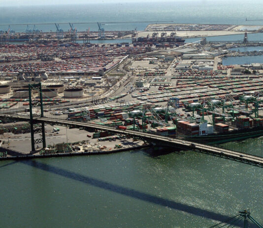 PHOTO: U.S. Coast Guard photo by PA3 Louis Hebert, March 17, 2003 | The South Pasadenan | An archival aerial view shows the Vincent Thomas Bridge and the Port of Los Angeles.