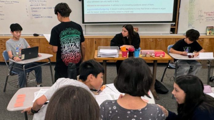 SPMS 7th graders act as witnesses, prosecutors, and defense attorneys during a recent mock trial overseen by Judge Danielle Colón O’Sullivan. (Photo Courtesy of South Pasadena Unified School District)