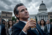 Gov. Gavin Newsom Fails State Workers & California Residents Again: Pay Cuts Leave Veteran DMV Workers 18% Below the L.A.-Area Average Wage IMAGE: Satirical California Governor With Crowd of State Employees | Computer Generated.