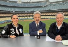 Dodgers Baseball 2025 | A World Series Championship to Remember 2025 World Series at Dodger Stadium, team historian Mark Langill, Jaime Maggio, Ned Colletti. (Photo: KCBS-TV). Los Angeles Wins the World Series