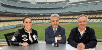 2025 World Series at Dodger Stadium, team historian Mark Langill, Jaime Maggio, Ned Colletti. (Photo: KCBS-TV). Los Angeles Wins the World Series