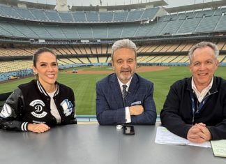 2025 World Series at Dodger Stadium, team historian Mark Langill, Jaime Maggio, Ned Colletti. (Photo: KCBS-TV). Los Angeles Wins the World Series