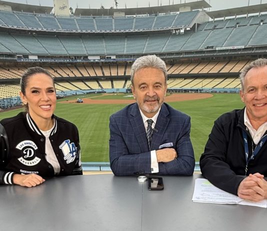 2025 World Series at Dodger Stadium, team historian Mark Langill, Jaime Maggio, Ned Colletti. (Photo: KCBS-TV). Los Angeles Wins the World Series