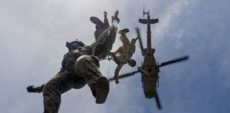 PHOTO: USMC Cpl. Kyle Chan. HMLA-367 supports helicopter rope suspension training.