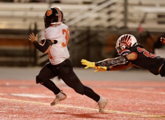 PHOTO: Dan Rider | The South Pasadenan | South Pasadena High is now only one win away from playing in the CIF-Southern Section Division 10 championship game. On Friday night, the Tigers knocked off Valley View 34-31 in a quarterfinal road game played in Moreno Valley.