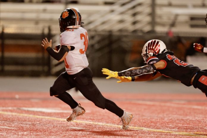 PHOTO: Dan Rider | The South Pasadenan | South Pasadena High is now only one win away from playing in the CIF-Southern Section Division 10 championship game. On Friday night, the Tigers knocked off Valley View 34-31 in a quarterfinal road game played in Moreno Valley.