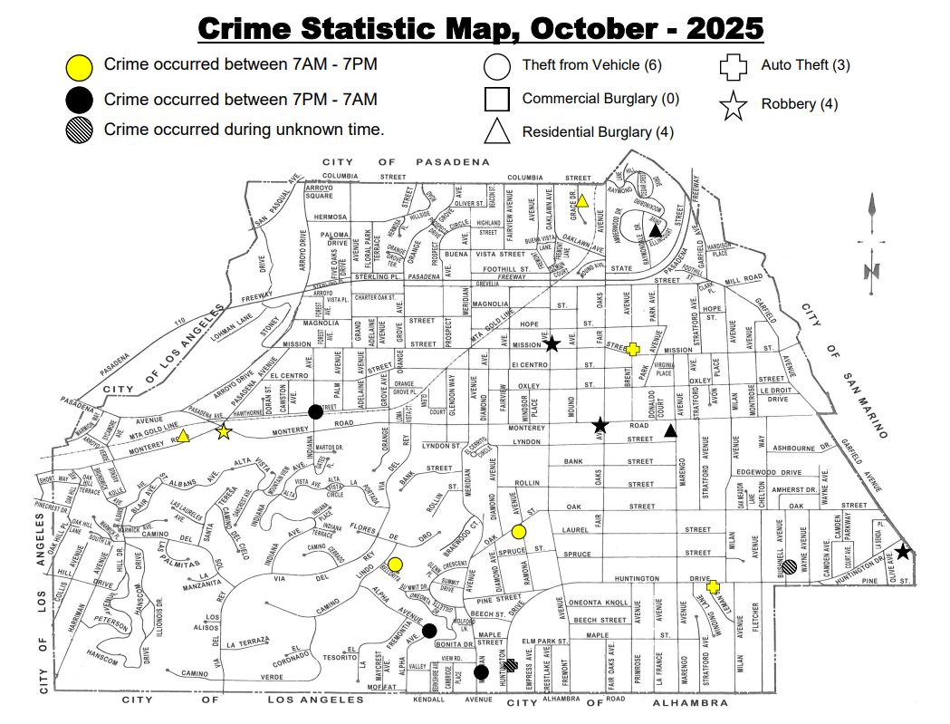 PHOTO: SPPD | The South Pasadenan | Crime Statistic Map October 2025