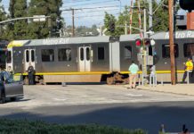 PHOTO: Tuesday Morning: A collision involving the Westbound Metro‐Rail 'A-Line' and what was initially reported to be two passenger cars has shut down the intersection of Monterey Road and Pasadena Avenue this morning.