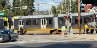 PHOTO: Tuesday Morning: A collision involving the Westbound Metro‐Rail 'A-Line' and what was initially reported to be two passenger cars has shut down the intersection of Monterey Road and Pasadena Avenue this morning.