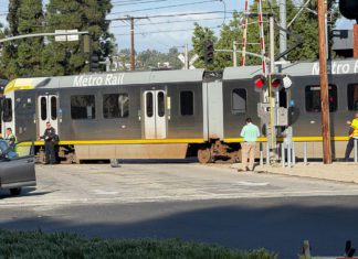 PHOTO: Tuesday Morning: A collision involving the Westbound Metro‐Rail 'A-Line' and what was initially reported to be two passenger cars has shut down the intersection of Monterey Road and Pasadena Avenue this morning.