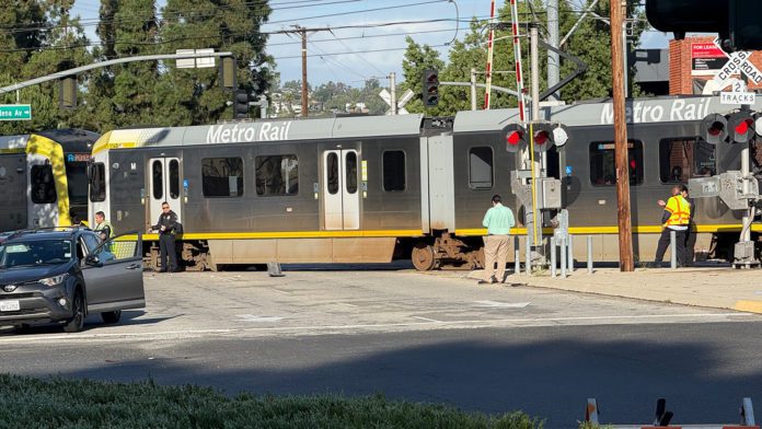 PHOTO: Tuesday Morning: A collision involving the Westbound Metro‐Rail 'A-Line' and what was initially reported to be two passenger cars has shut down the intersection of Monterey Road and Pasadena Avenue this morning.