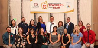 PHOTO: LA County | The South Pasadenan | The 16 Los Angeles County Teachers of the Year for 2025–26, including South Pasadena’s Emily Smith, gathered at the Universal Hilton awards banquet