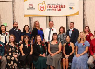 PHOTO: LA County | The South Pasadenan | The 16 Los Angeles County Teachers of the Year for 2025–26, including South Pasadena’s Emily Smith, gathered at the Universal Hilton awards banquet