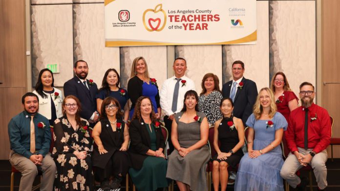 PHOTO: LA County | The South Pasadenan | The 16 Los Angeles County Teachers of the Year for 2025–26, including South Pasadena’s Emily Smith, gathered at the Universal Hilton awards banquet