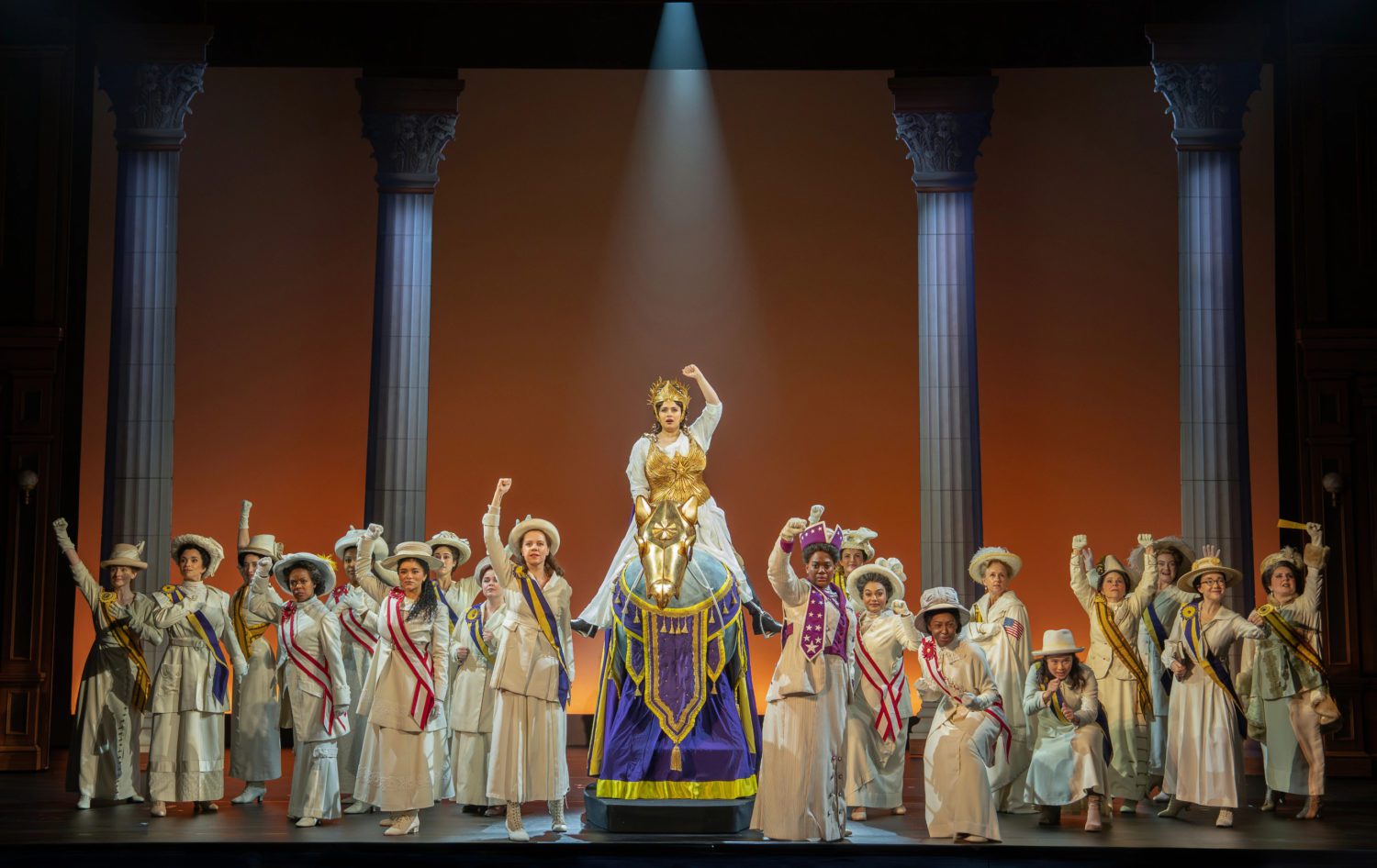 PHOTO: Joan Marcus | The South Pasadenan | ​​​​​Monica Tulia Ramirez (Inez Milholland) and company in the First National Touring Company of SUFFS