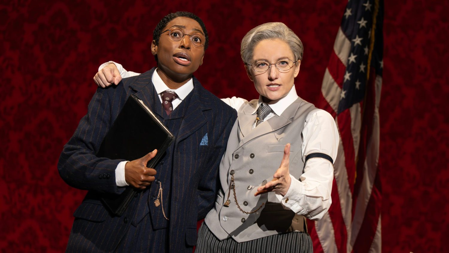 PHOTO: Joan Marcus | The South Pasadenan | ​​​​​​​Brandi Porter (Dudley Malone) and Jenny Ashman (President Woodrow Wilson) in the First National Touring Company of SUFFS