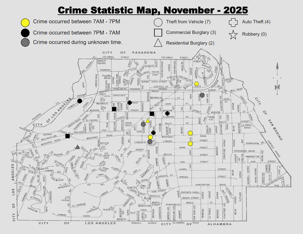 PHOTO: SPPD | The South Pasadenan | November 2025 Crime Statistic Map