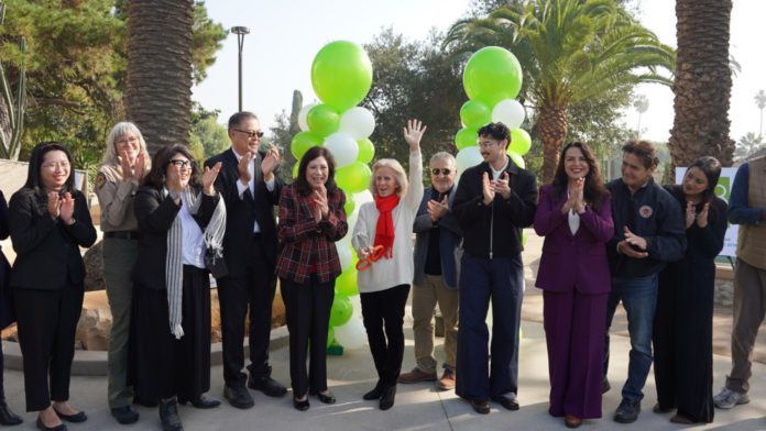 Photos by City of South Pasadena | The South Pasadenan | Local, county, state, and federal representatives attend the ribbon cutting at Dr. Beatriz Solis Memorial Park. Left to right: Gigi Lee, representing Congressmember Judy Chu; Stephanie Campbell, Angeles District/California State Parks; Norma Edith García-González, Los Angeles County Regional Park and Open Space District/County Department of Parks and Recreation; Assemblymember Mike Fong; Los Angeles County Chair Hilda Solis; South Pasadena Mayor (now City Councilmember) Janet Braun; Mohammad Pasebani; Avrin Pasebani; South Pasadena Mayor Pro Tem (now Mayor) Sheila Rossi; South Pasadena City Councilmember Michael Cacciotti; Savannah Moore, representing Los Angeles County Supervisor Kathryn Barger; and South Pasadena City Councilmember (now Mayor Pro Tem) Omari Ferguson.