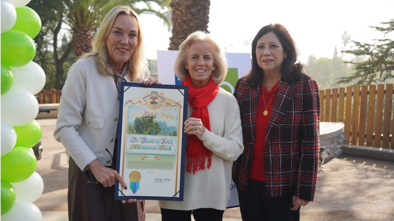 Photos by City of South Pasadena | The South Pasadenan | Los Angeles County and South Pasadena leaders gather at Dr. Beatriz Solis Memorial Park. Left to right: Los Angeles County Supervisor Kathryn Barger; South Pasadena Mayor (now City Councilmember) Janet Braun; and Los Angeles County Chair Hilda Solis.