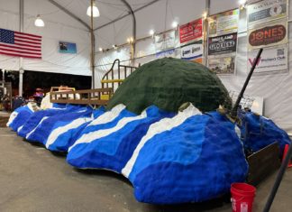 PHOTO: South Pasadena Tournament of Roses Team | Volunteers are putting in long hours building and decorating South Pasadena’s float in time for the 136 Rose Parade down Pasadena’s Colorado Avenue on New Year’s Day.