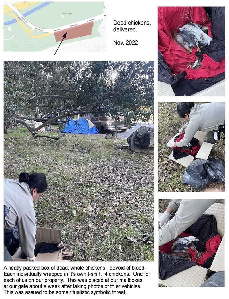 | The South Pasadenan | South Pasadena News PHOTOS: Provided by South Pasadena Resident | Page out of a report being sent-in to LA's DeLeon's office. The dead chicken incident, taken as a warning from the 'RV Encampment' dwellers.
