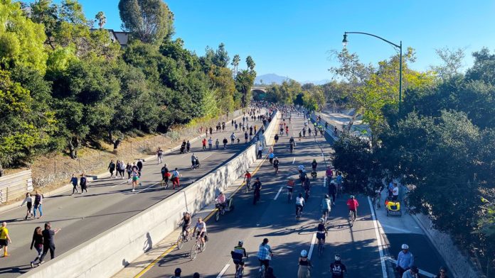 PHOTO: Steven Lawrence | South Pasadena News | Tree lined 110 Freeway through South Pasadena and Parts of bordering Los Angeles. Freeway was closed for a city-wide event, pedestrians and cyclists were allowed to travel without motor vehicles.