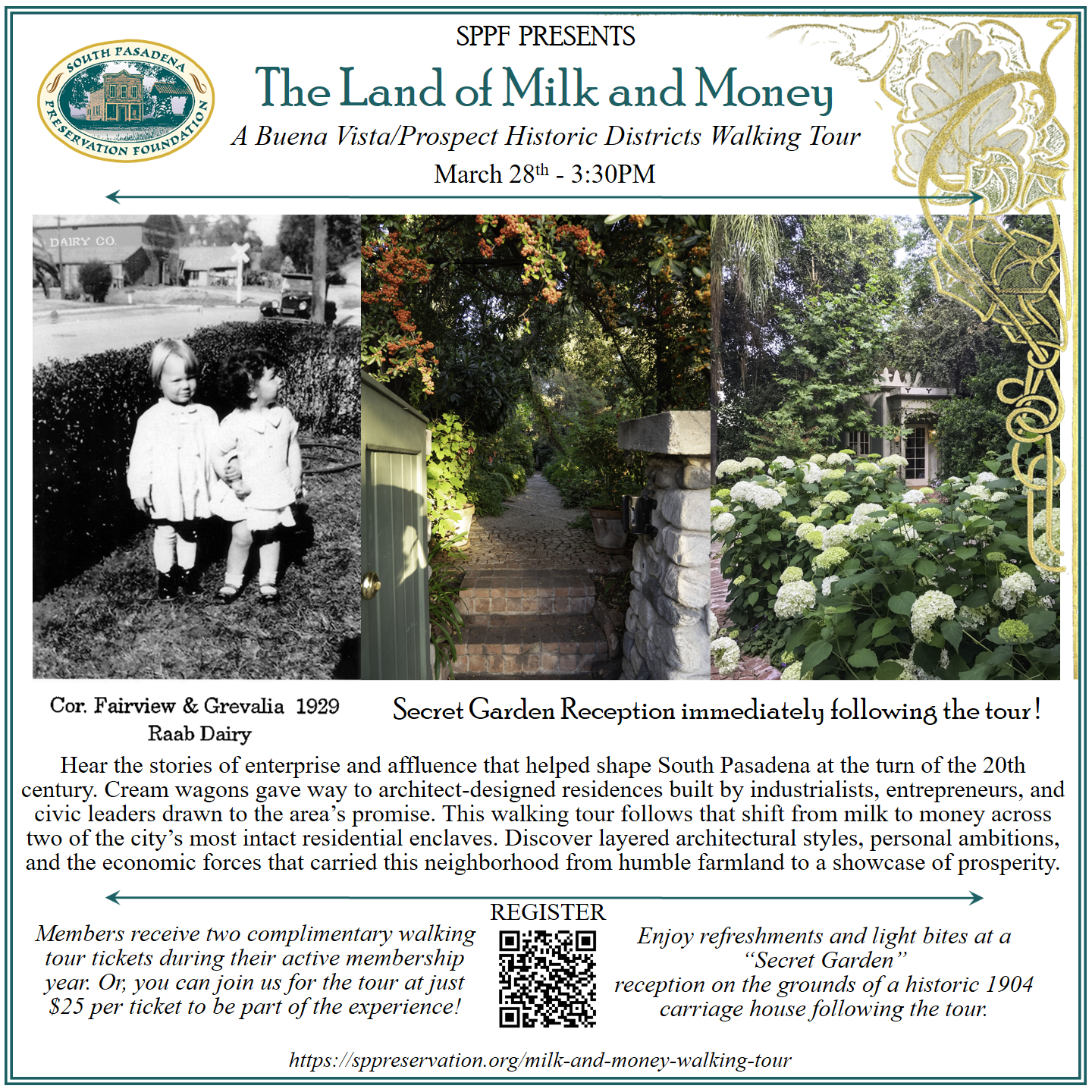 | The South Pasadenan | South Pasadena News The Land of Milk and Money Walking Tour. March 28, 2026 @ 3:30pm. Buena Vista Street tells a story of enterprise and affluence that helped shape South Pasadena at the turn of the twentieth century. Once home to the Raab Creamery in South Pasadena. "Let them eat cake - come see how the rich people live in South Pasadena on a walking tour"