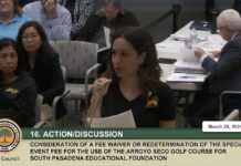 PHOTO: South Pasadena City Council Meeting Live Feed | SPEF President Emilia Aldana giving public comment March 20, 2024 about how the PartiGras event benefits the city, residents, businesses, parents, and students.