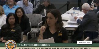 PHOTO: South Pasadena City Council Meeting Live Feed | SPEF President Emilia Aldana giving public comment March 20, 2024 about how the PartiGras event benefits the city, residents, businesses, parents, and students.