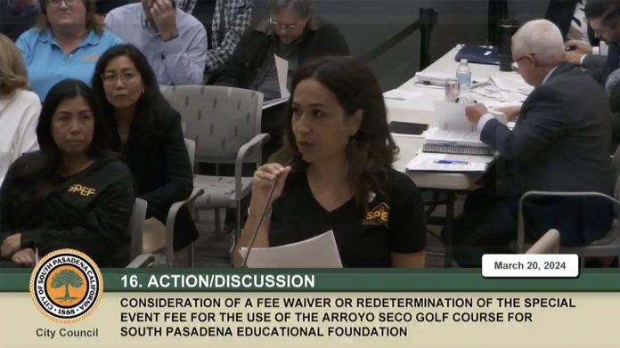 PHOTO: South Pasadena City Council Meeting Live Feed | SPEF President Emilia Aldana giving public comment March 20, 2024 about how the PartiGras event benefits the city, residents, businesses, parents, and students.