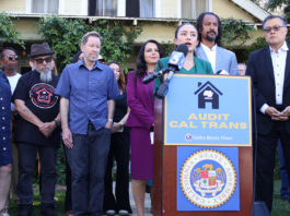PHOTO: Office of Sen. Perez | Sen. Sasha Perez at the podium in South Pasadena announcing the audit legislation before the trip to Sacramento. The action by the Joint Legislative Audit Committee follows a coordinated push led by Pérez, who, alongside Assemblymember Mike Fong and local leaders, publicly called for the audit just days earlier after hearing extensive complaints from residents across the 710 corridor.
