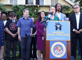 PHOTO: Office of Sen. Perez | Sen. Sasha Perez at the podium in South Pasadena announcing the audit legislation before the trip to Sacramento. The action by the Joint Legislative Audit Committee follows a coordinated push led by Pérez, who, alongside Assemblymember Mike Fong and local leaders, publicly called for the audit just days earlier after hearing extensive complaints from residents across the 710 corridor.