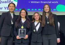 SPHS Varsity Virtual Enterprise Finance team members from left to right include Audrey Zheng, Lindsay Zhu, Talia Rodak, and Isabelle Mullican. (Photo Courtesy of Janna Conner).