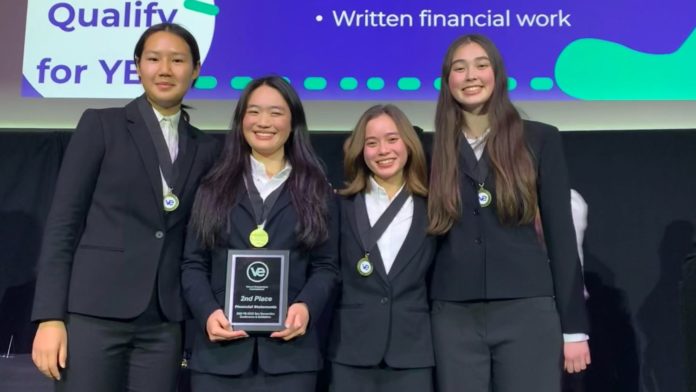 SPHS Varsity Virtual Enterprise Finance team members from left to right include Audrey Zheng, Lindsay Zhu, Talia Rodak, and Isabelle Mullican. (Photo Courtesy of Janna Conner).