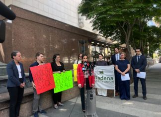 PHOTO: Elaine Lee | South Pasadenan News | Tenant advocates, wildfire survivors, and legal representatives from Neighborhood Legal Services and Morrison Foerster gather outside the Stanley Mosk Courthouse on May 22, 2025, to announce a lawsuit against the City of Pasadena and Los Angeles County for failing to protect renters from toxic conditions following the Eaton Fire.