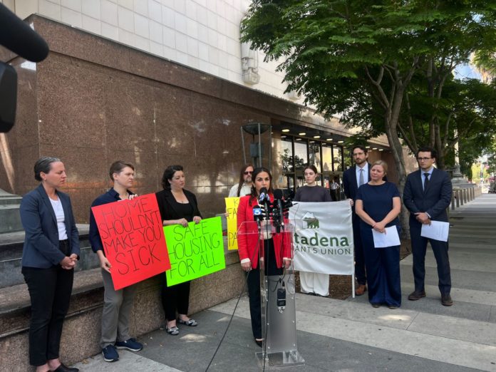 PHOTO: Elaine Lee | South Pasadenan News | Tenant advocates, wildfire survivors, and legal representatives from Neighborhood Legal Services and Morrison Foerster gather outside the Stanley Mosk Courthouse on May 22, 2025, to announce a lawsuit against the City of Pasadena and Los Angeles County for failing to protect renters from toxic conditions following the Eaton Fire.