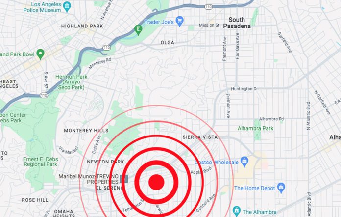 Monday Earthquake USGS Modified: 34.086°N 118.168°W. Location is South/Southwest of South Pasadena, near Huntington Drive.