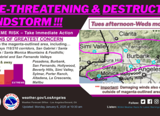 South Pasadena Windstorm: National Weather Service Graphic Issued January 6, 2025. WIND STORM ALERT