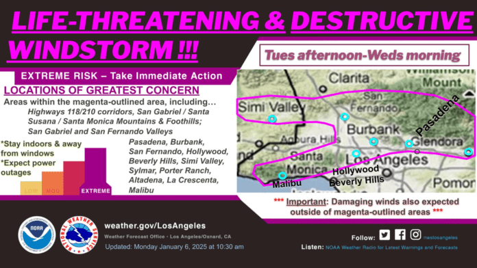 South Pasadena Windstorm: National Weather Service Graphic Issued January 6, 2025. WIND STORM ALERT