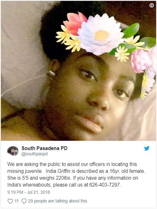 South-Pasadena-News-7-22-2018-Missing-Girl-16-year-old-India-Griffin-SPPD-Tweet | The South Pasadenan | South Pasadena News