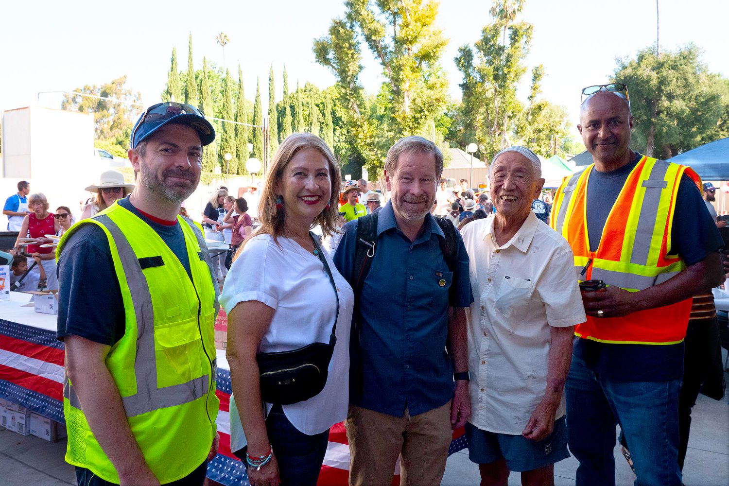 PHOTO: Esteban Lopez | The South Pasadenan News | 4th of July Pancake Breakfast produced by the South Pasadena Kiwanis Club, hosted at the Fire Station by the SPFD | Left to Right: Ted Gerber, Public Works Director; Angelica Frausto-Lupo, Community Development Director; Jon Primuth, City Councilmember; Bob Joe, Past City Councilmember; Anteneh Tesfaye Deputy Director of Public Works