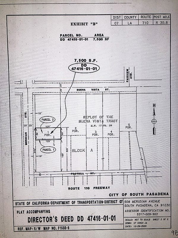 | The South Pasadenan | South Pasadena News Exhibit from California Transportation Commission Director Deed 47416-01-01, showing a line drawing of the location of the Sorenson lot within the Garfield House parcel at Buena Vista St. and Meridian Ave.