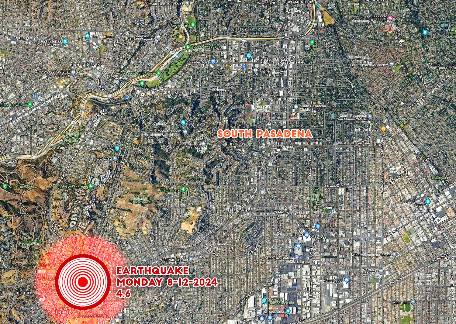 GRAPHIC MAP: Google Maps augmented by South Pasadena News Staff | Earthquake Monday Afternoon 12:20pm reported to be 4.6 in size, epicenter about 2.5 miles from South Pasadena City Hall.